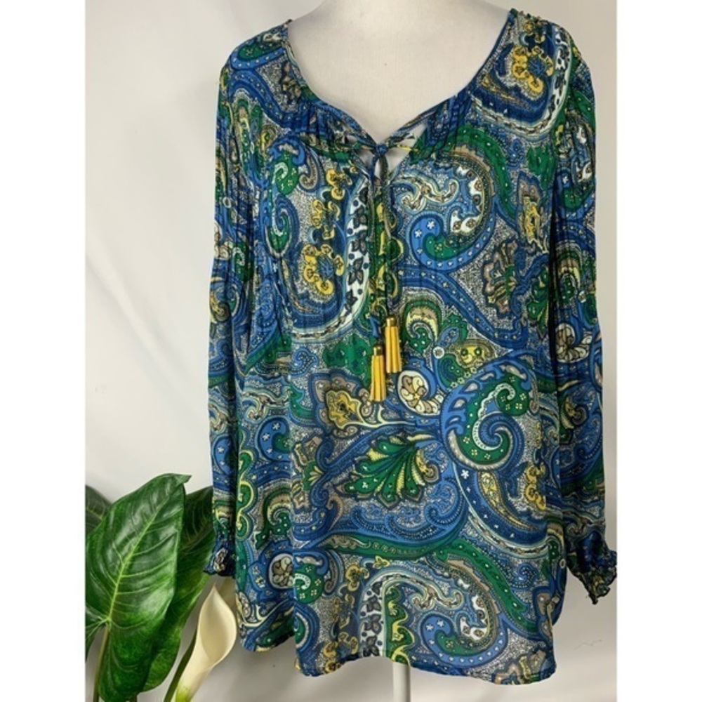 Melissa Paige Blue, Green & Yellow Paisley Accordion Pleat Long Sleeve Blouse MP